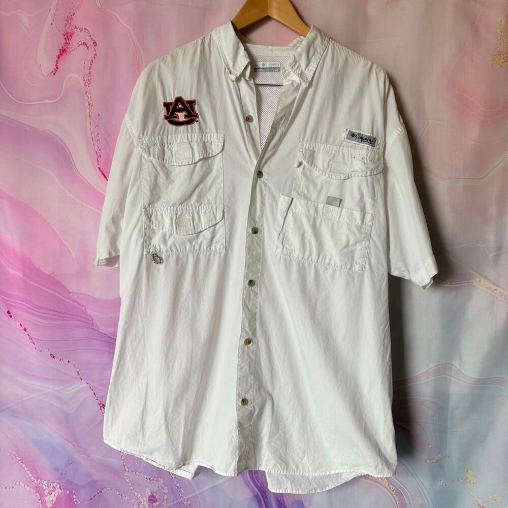 Columbia L White Casual Button Down Short Sleeve Fishing Shirt Auburn University